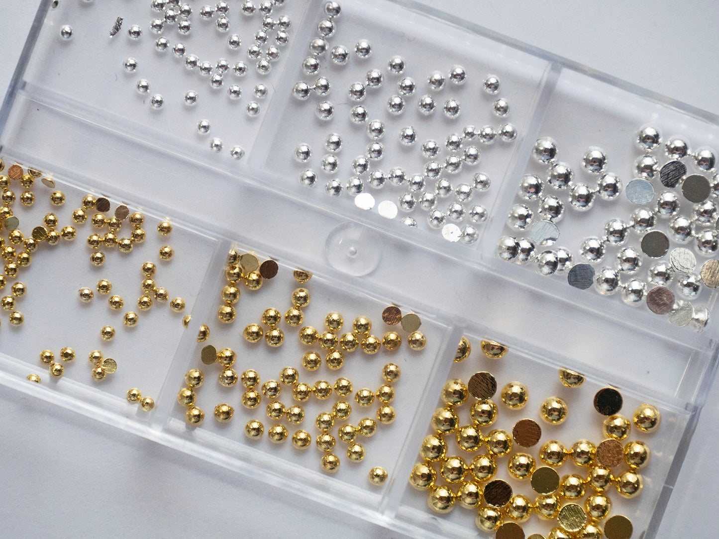 6 Grids Metallic Hemisphere Caviar Beads – Silver & Gold Semicircle Nail Rivets | 3D Nail Art Decorations