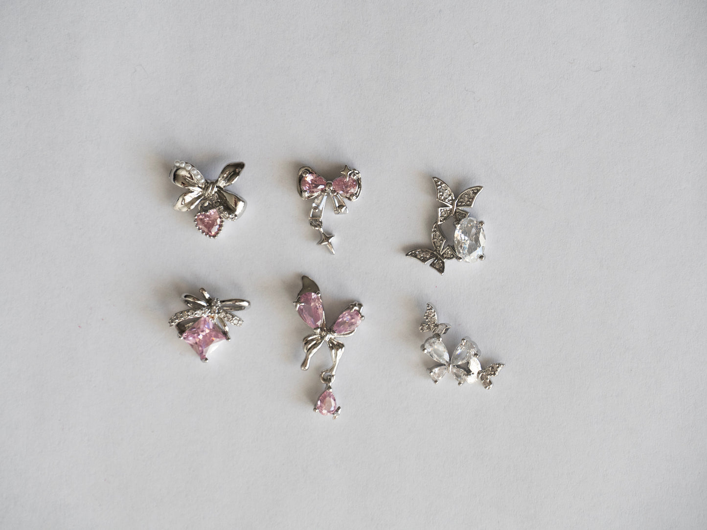 Zircon Rhinestone Nail Charms: Silver Butterfly Bow Heart Designs