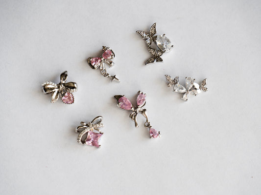 Zircon Rhinestone Nail Charms: Silver Butterfly Bow Heart Designs