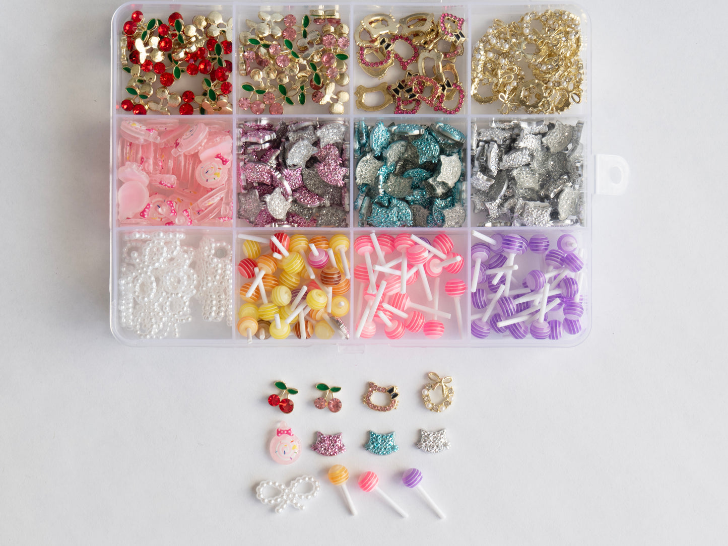 Kawaii Nail Studs Set – Kitty Cat, Cherry, Bow Charms
