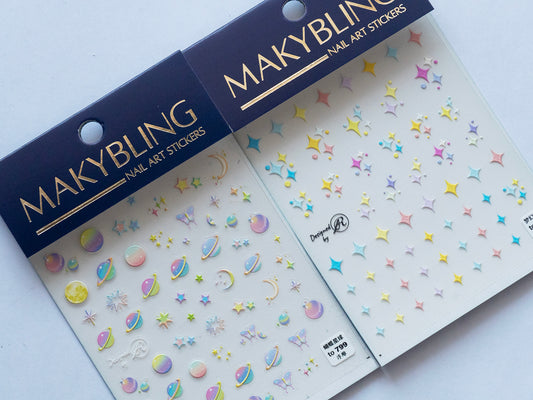 3D Embossed Universe Nail Stickers • Planets Stars Galaxy Nail Art Decals • Space Themed DIY Manicure Stickers for Press-On Nails