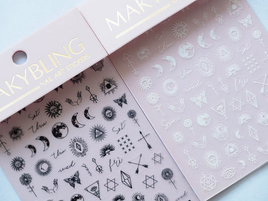 Celestial Nail Stickers • Moon Sun Star Eye Tarot Symbols (1 Sheet)
