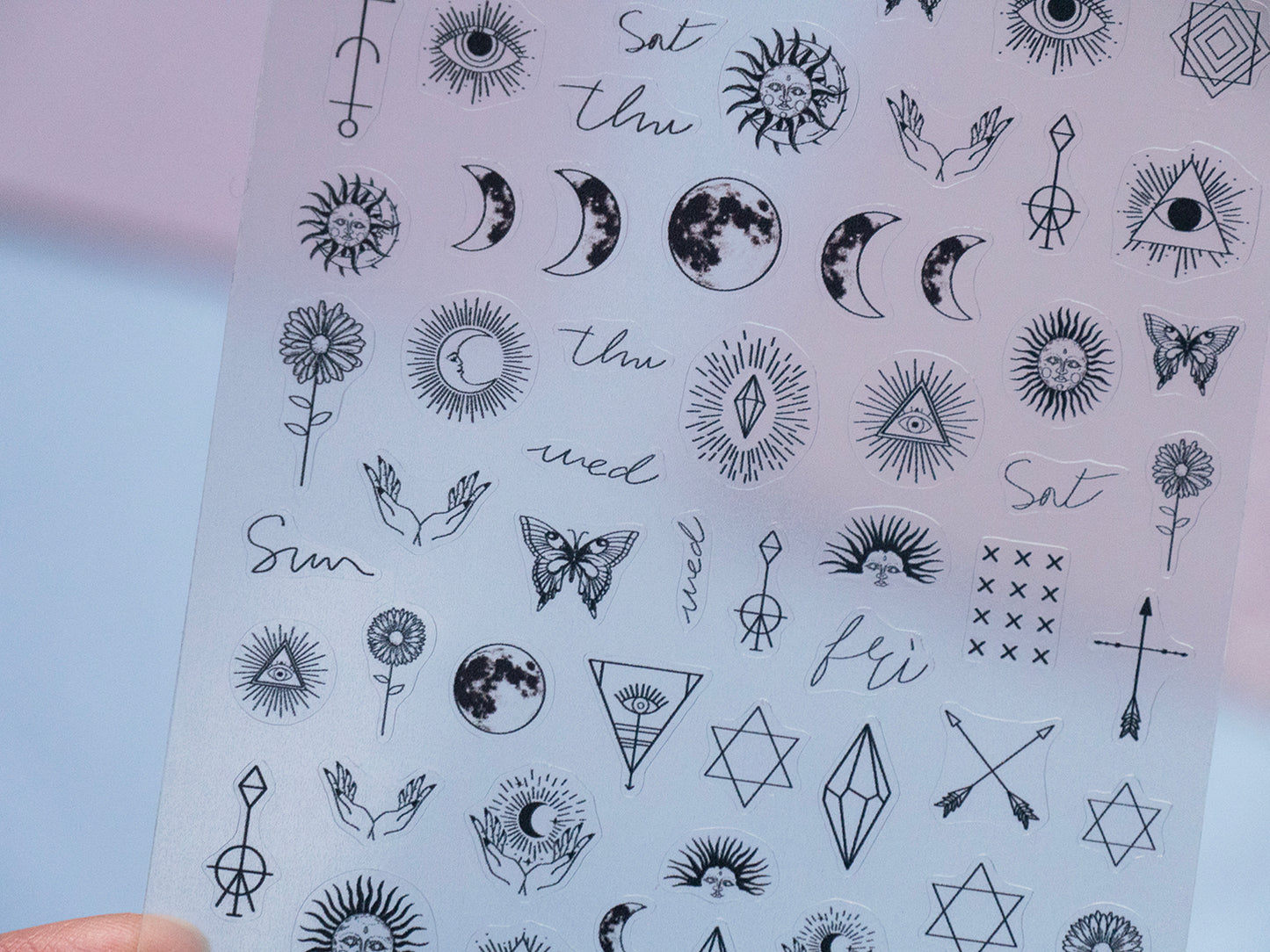 Celestial Nail Stickers • Moon Sun Star Eye Tarot Symbols (1 Sheet)