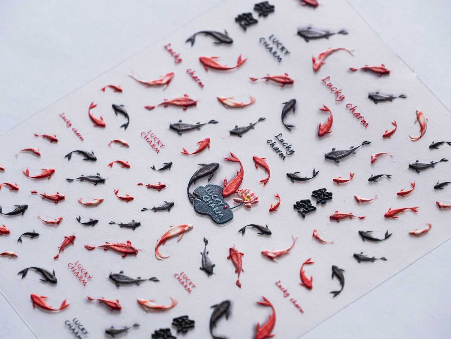 Koi Fish Goldfish Black Red Nail Art Decals • 3D Embossed Japanese Style Fish DIY Manicure Stickers Set
