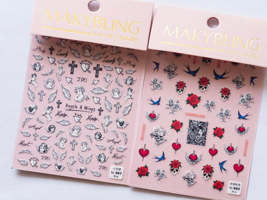 Angel & Gothic Rose Cherub Cross Heart Skull Swallow Nail Art Decals • Vintage Tattoo Style DIY Manicure Decal