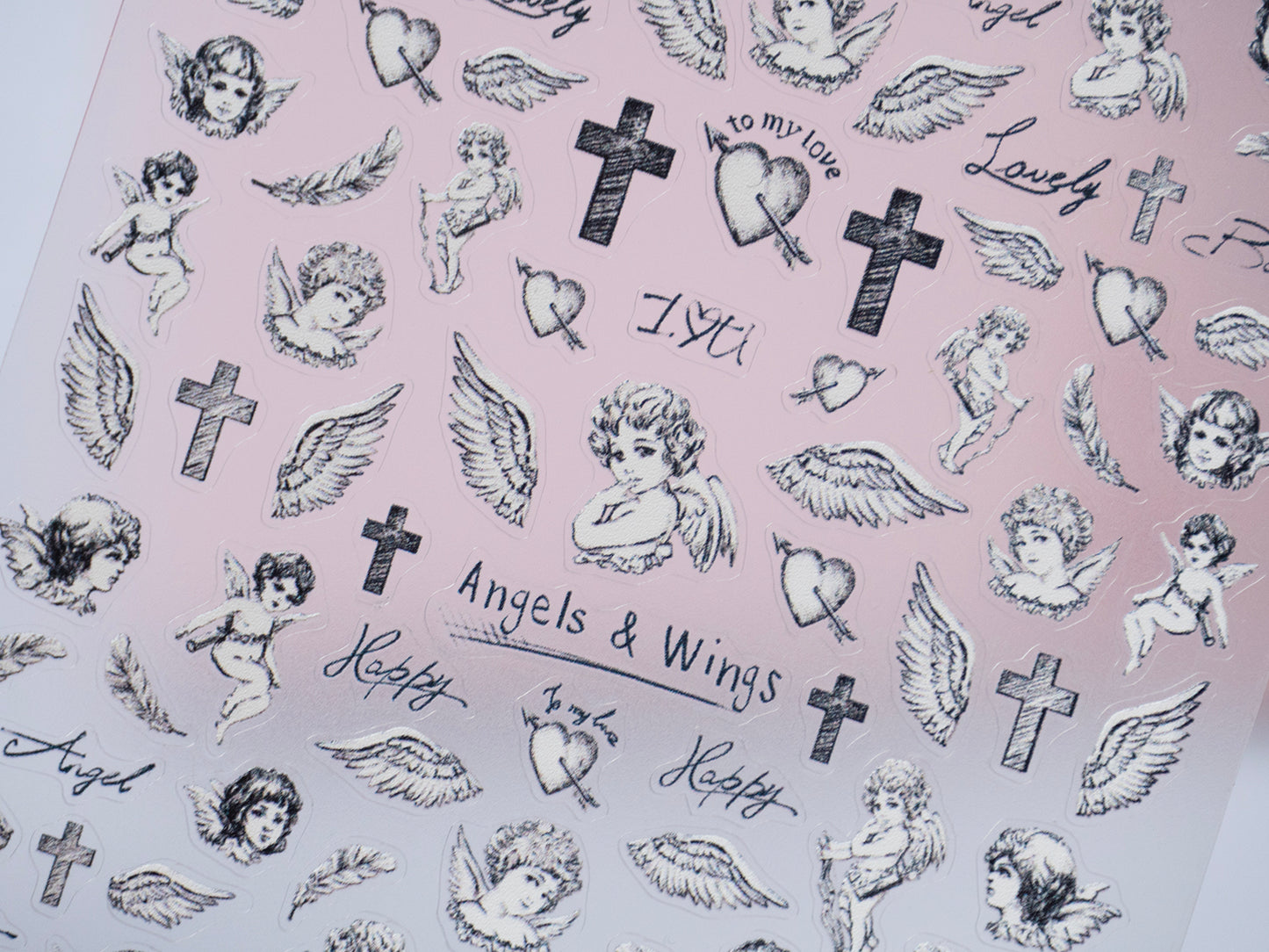 Angel & Gothic Rose Cherub Cross Heart Skull Swallow Nail Art Decals • Vintage Tattoo Style DIY Manicure Decal