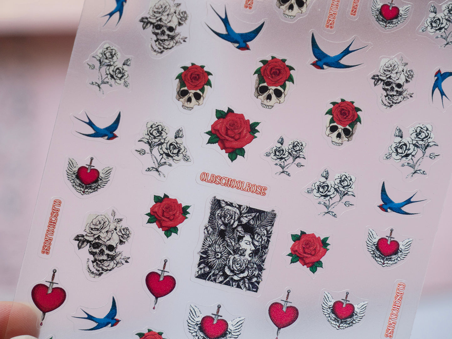 Angel & Gothic Rose Cherub Cross Heart Skull Swallow Nail Art Decals • Vintage Tattoo Style DIY Manicure Decal