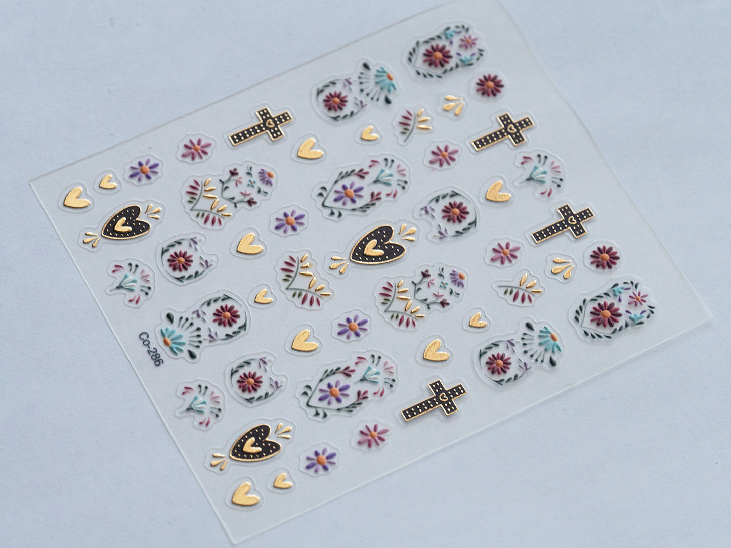 Sacred Heart Cross Nail Stickers, 3D Floral Nail Decals, Gold Religious Nail Art Stickers, Mexican Folk Style Nail Design, Boho Nail Art