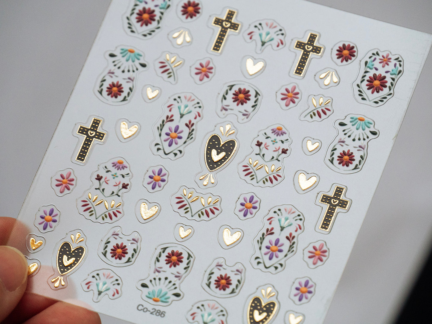 Sacred Heart Cross Nail Stickers, 3D Floral Nail Decals, Gold Religious Nail Art Stickers, Mexican Folk Style Nail Design, Boho Nail Art