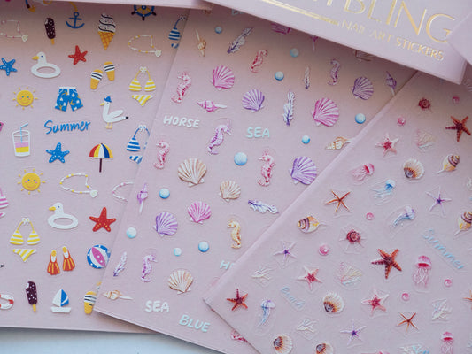 Summer Beach Nail Stickers, Ocean Sea Shell Starfish Nail Decals, Seahorse Marine Nail Art Stickers, Cute Vacation Nail Designs