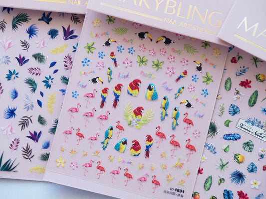 Tropical Bird Nail Stickers, Flamingo Parrot Toucan Nail Decals, Summer Jungle Nail Art Stickers, Tropical Leaf Nail Designs