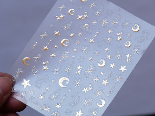Gold Celestial Nail Stickers, Moon & Star Nail Decals, Galaxy Nail Art Stickers, Purple Planet Nail Design