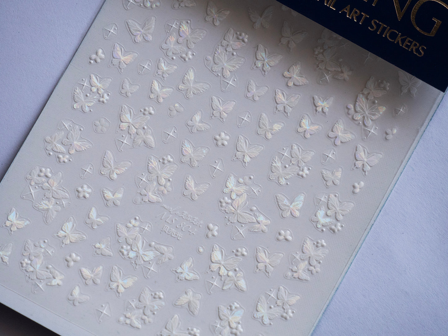 3D Iridescent Butterfly Bow Nail Art Stickers: White Ribbon Decals