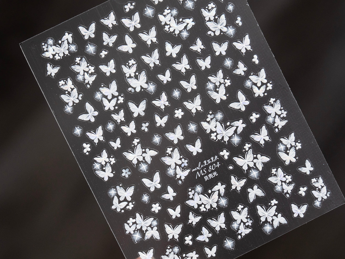 3D Iridescent Butterfly Bow Nail Art Stickers: White Ribbon Decals