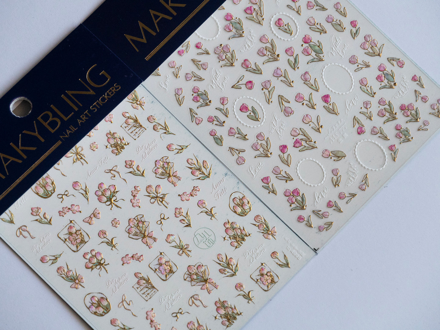 5D Gold Outline Pink Tulip Nail Stickers | Luxury Floral Nail Decals | Spring Flower Nail Art | Elegant Botanical Nail Design