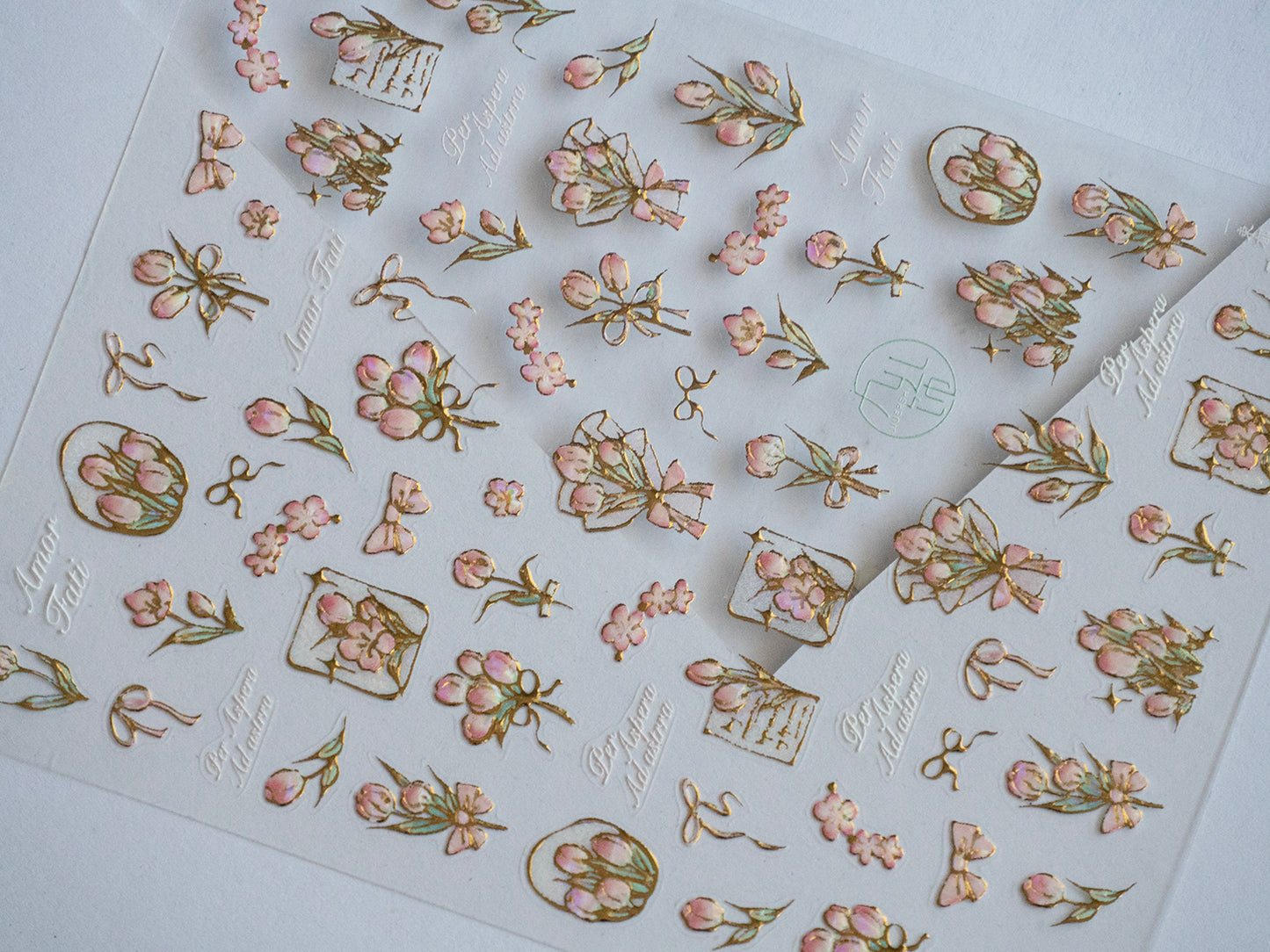 5D Gold Outline Pink Tulip Nail Stickers | Luxury Floral Nail Decals | Spring Flower Nail Art | Elegant Botanical Nail Design