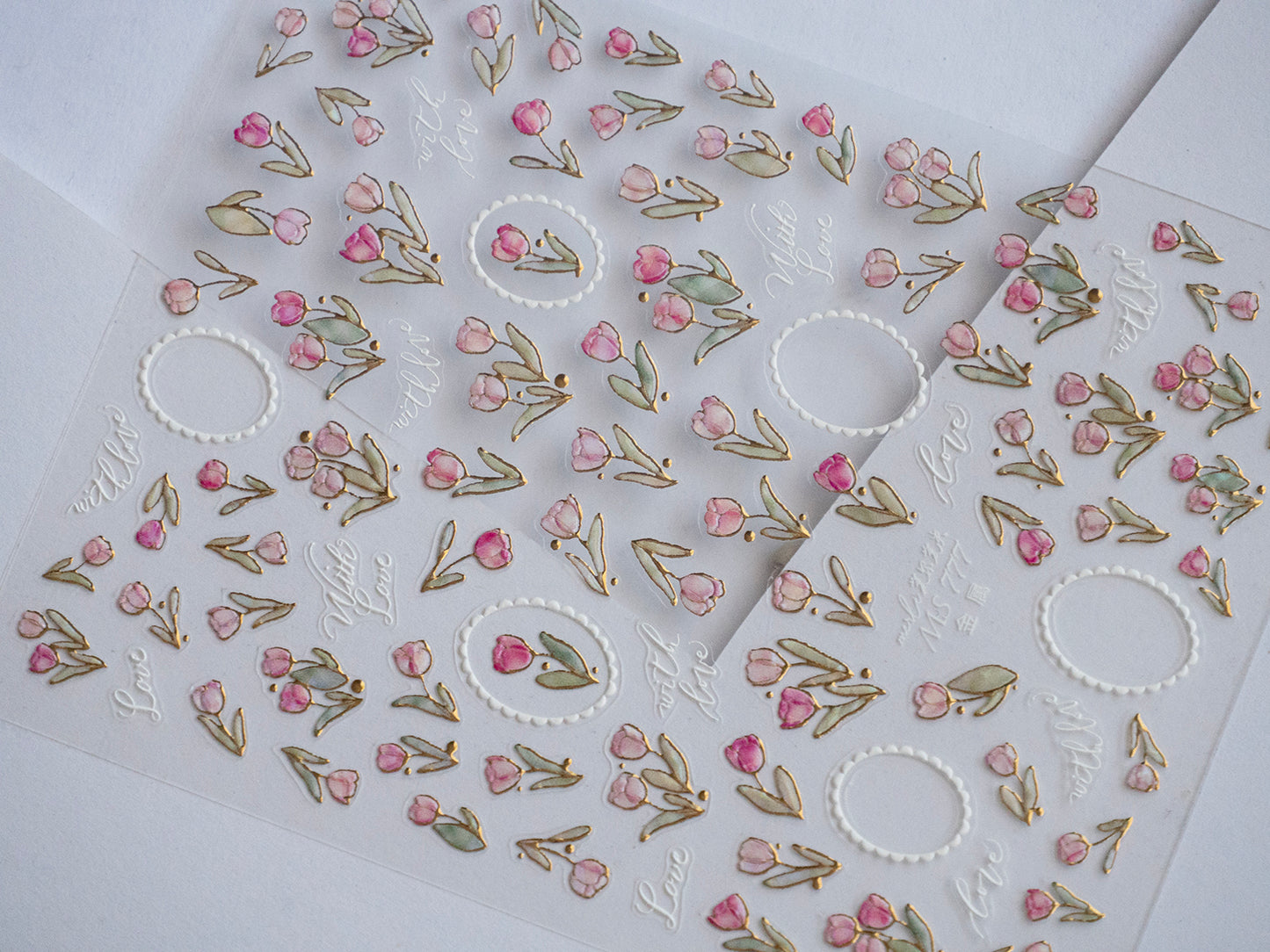 5D Gold Outline Pink Tulip Nail Stickers | Luxury Floral Nail Decals | Spring Flower Nail Art | Elegant Botanical Nail Design
