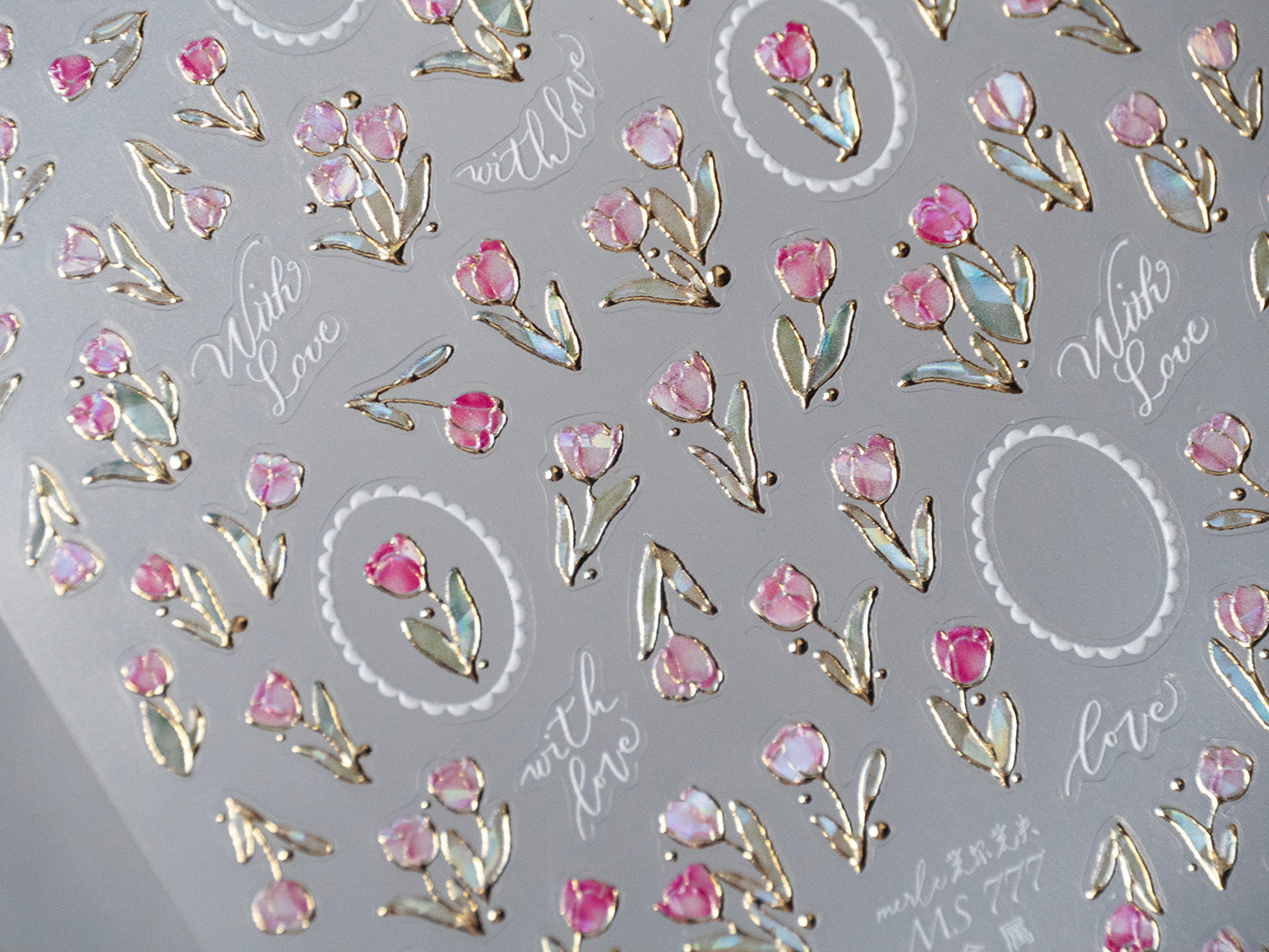 5D Gold Outline Pink Tulip Nail Stickers | Luxury Floral Nail Decals | Spring Flower Nail Art | Elegant Botanical Nail Design