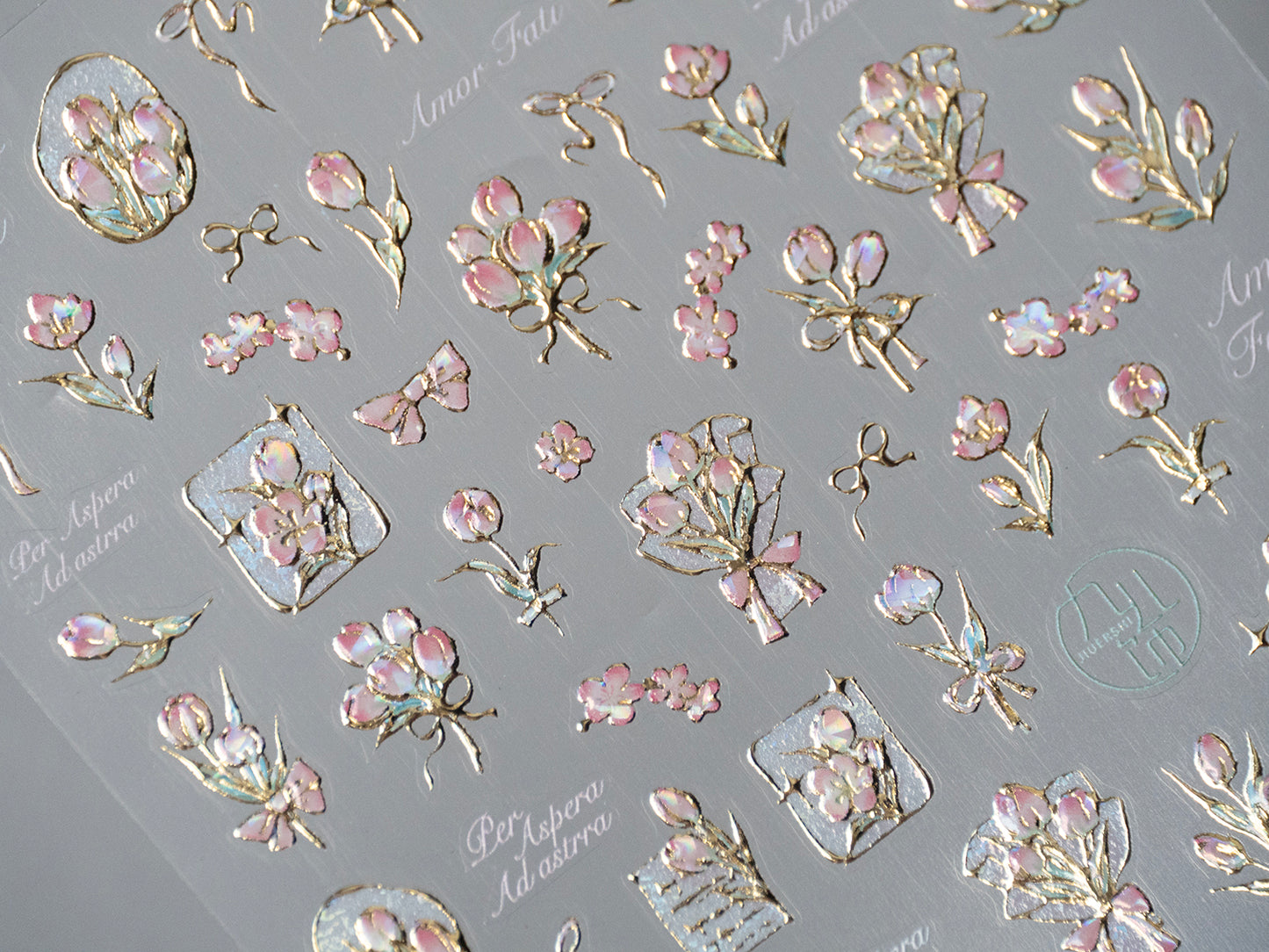5D Gold Outline Pink Tulip Nail Stickers | Luxury Floral Nail Decals | Spring Flower Nail Art | Elegant Botanical Nail Design