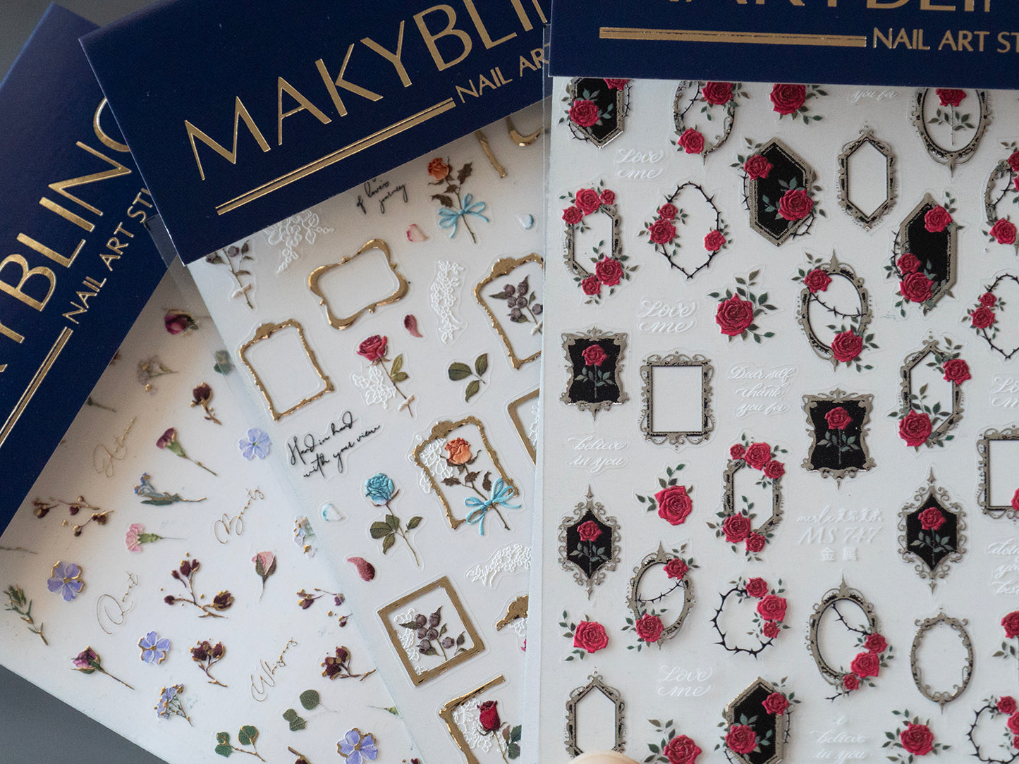 Vintage Rose & Floral Frame Nail Stickers, Gold Frame Flower Nail Art Stickers, Romantic Rose Nail Design