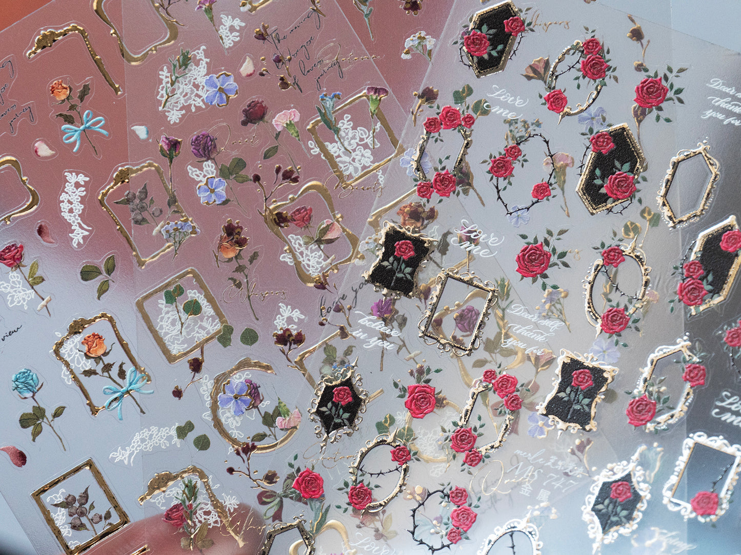 Vintage Rose & Floral Frame Nail Stickers, Gold Frame Flower Nail Art Stickers, Romantic Rose Nail Design
