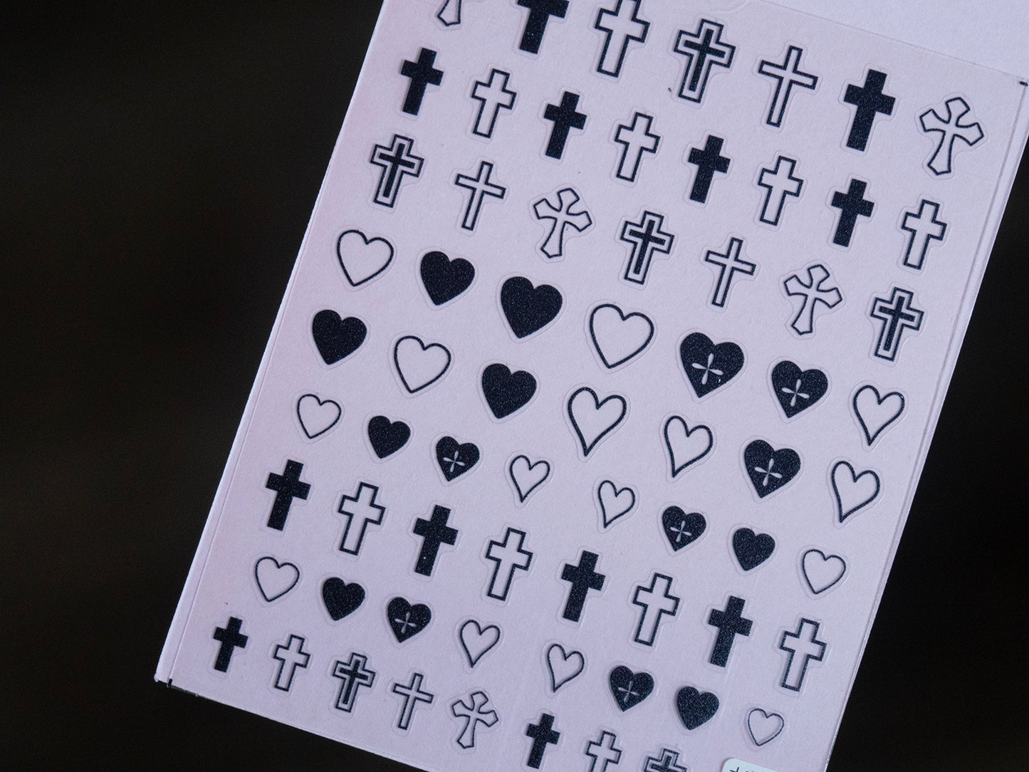 Black & White Heart Cross Nail Stickers, Solid Outline Ultra Thin Peel Off Nail Art Stickers, Gothic Y2K