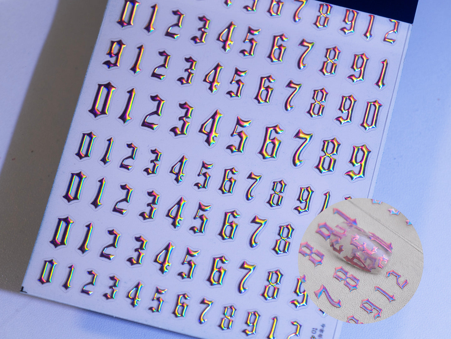 Halo Pink Gothic Number Nail Stickers | Iridescent Chrome Alphabet Decals | Old English Nail Art Stickers | Y2K Nail Design