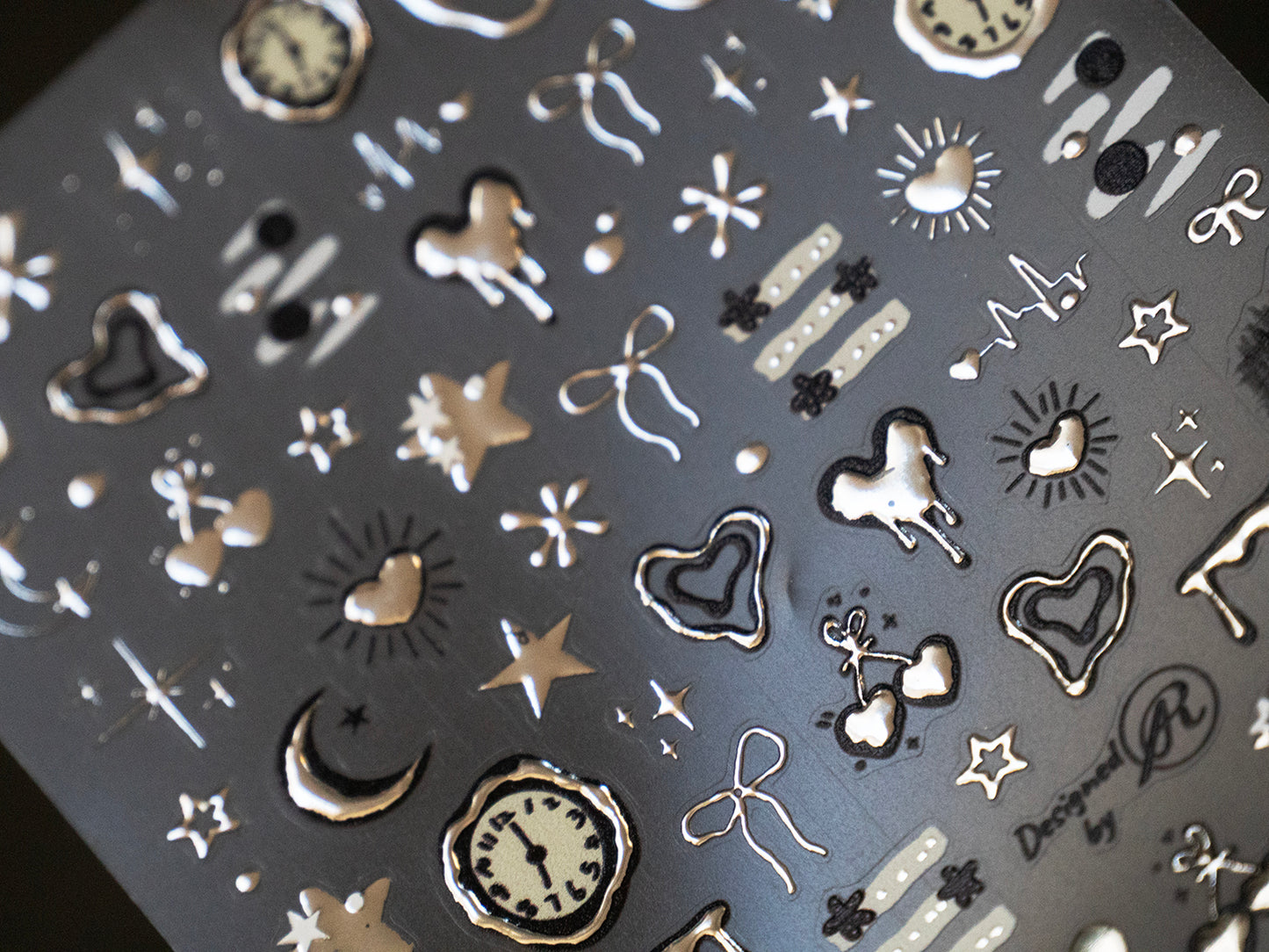 Silver Chrome Nail Stickers Metallic Heart Moon Cherry Clock Time Star