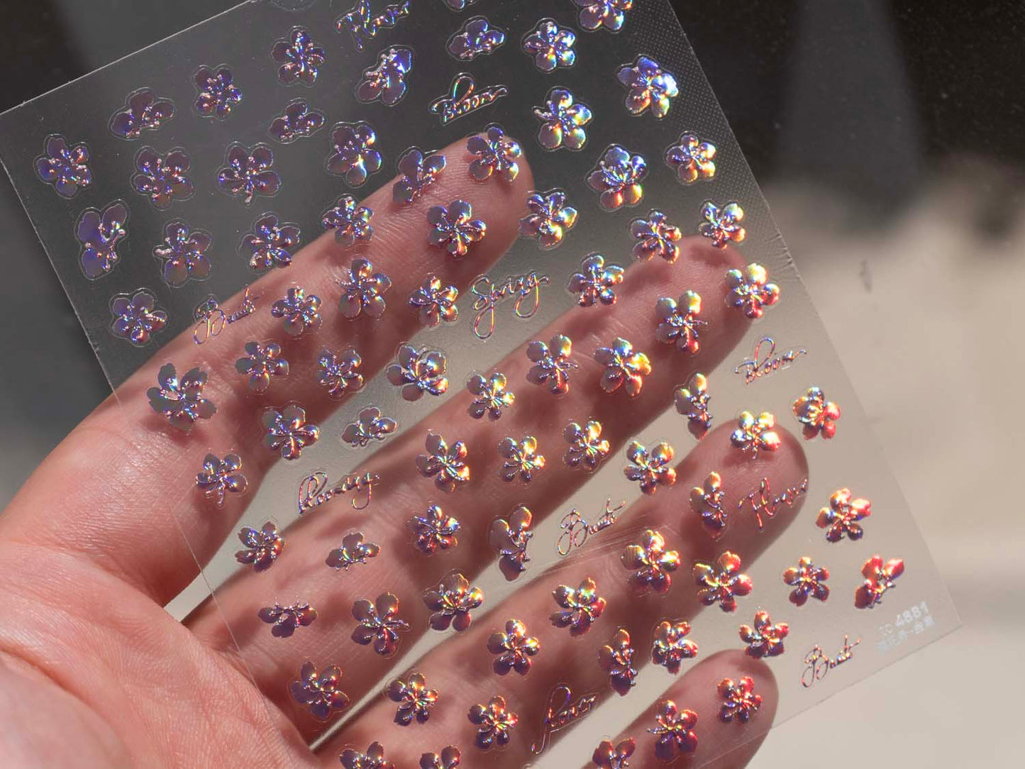 Iridescent Flower Nail Stickers, 3D Holographic Blue Purple Aurora Floral Nail Decals