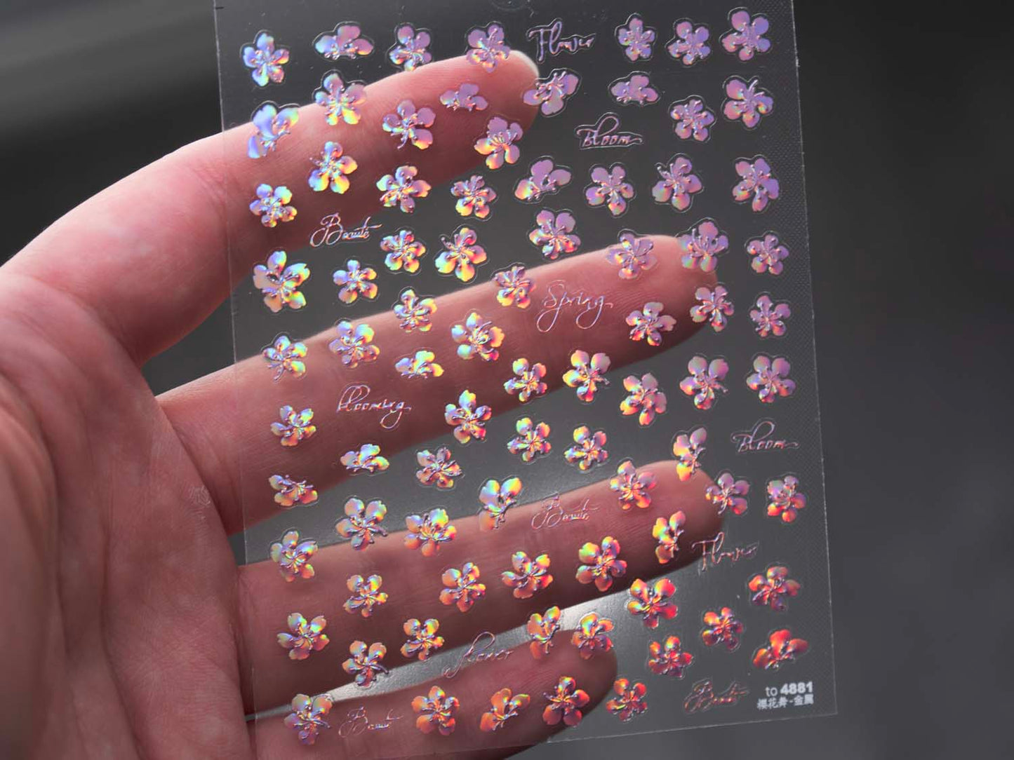 Iridescent Flower Nail Stickers, 3D Holographic Blue Purple Aurora Floral Nail Decals
