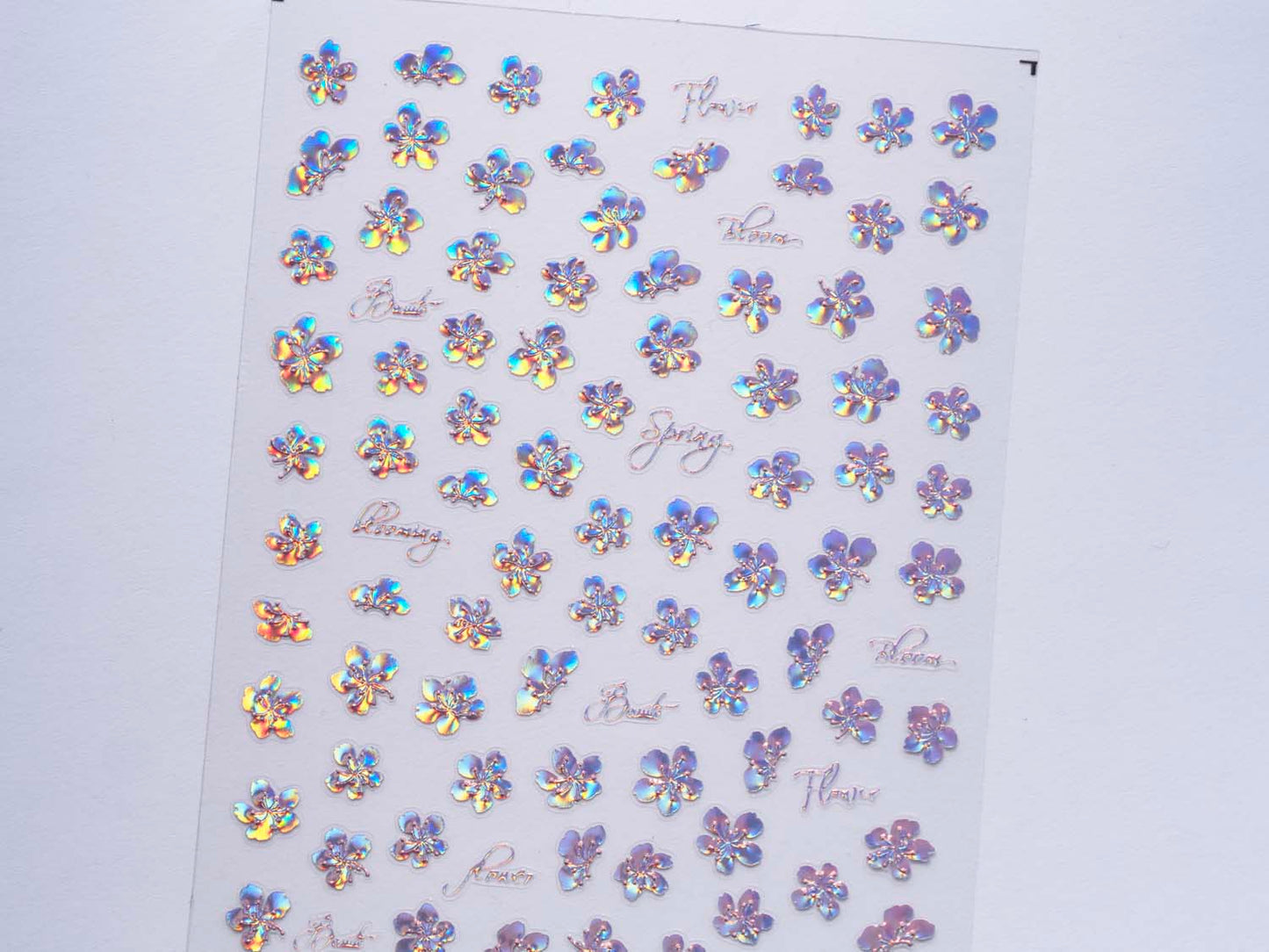 Iridescent Flower Nail Stickers, 3D Holographic Blue Purple Aurora Floral Nail Decals