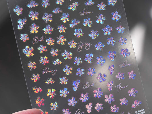 Iridescent Flower Nail Stickers, 3D Holographic Blue Purple Aurora Floral Nail Decals