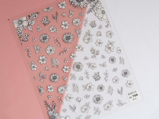 Black Floral Nail Stickers, Vintage Wildflower Botanical Flower Nail Decals