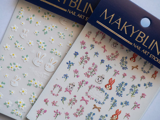 French Embroidery Style Easter Nail Stickers/ Floral Bunny Nail Art Decals/ Spring Flowers Cute Rabbit DIY Manicure Stickers