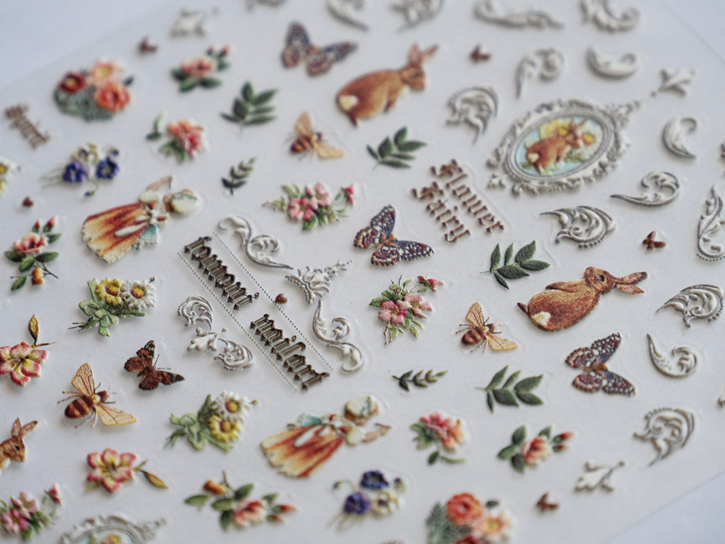 Vintage Garden Fairy Nail Stickers • Butterfly Bee Rose Flower Bunny Nail Art Decals • Cottagecore Floral DIY Manicure Stickers