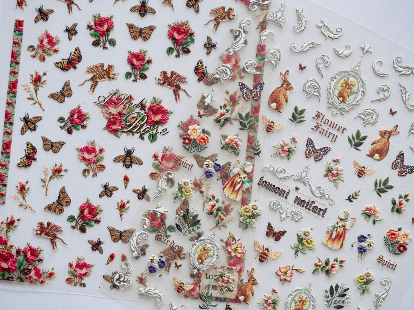 Vintage Garden Fairy Nail Stickers • Butterfly Bee Rose Flower Bunny Nail Art Decals • Cottagecore Floral DIY Manicure Stickers