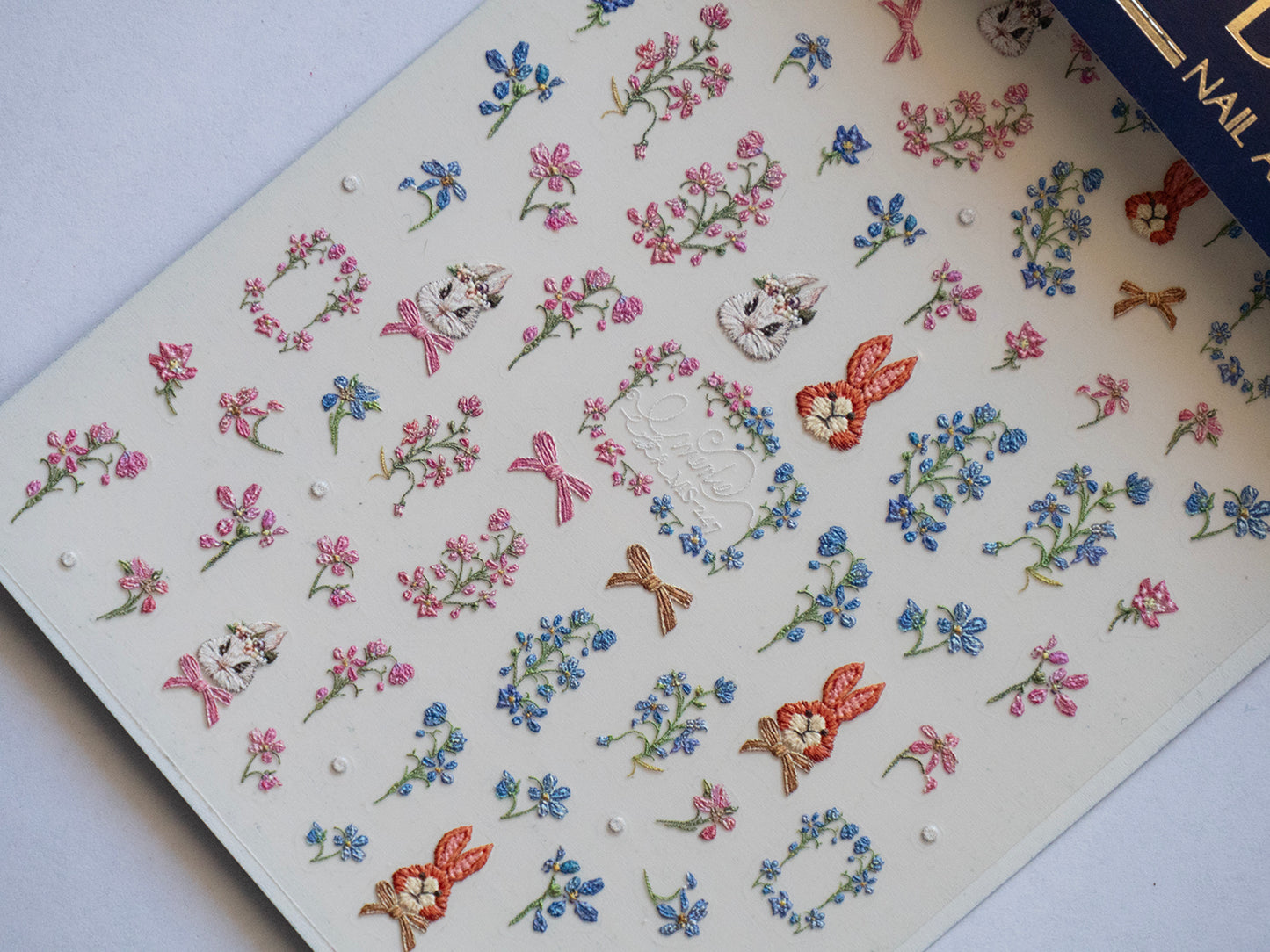 French Embroidery Style Easter Nail Stickers/ Floral Bunny Nail Art Decals/ Spring Flowers Cute Rabbit DIY Manicure Stickers
