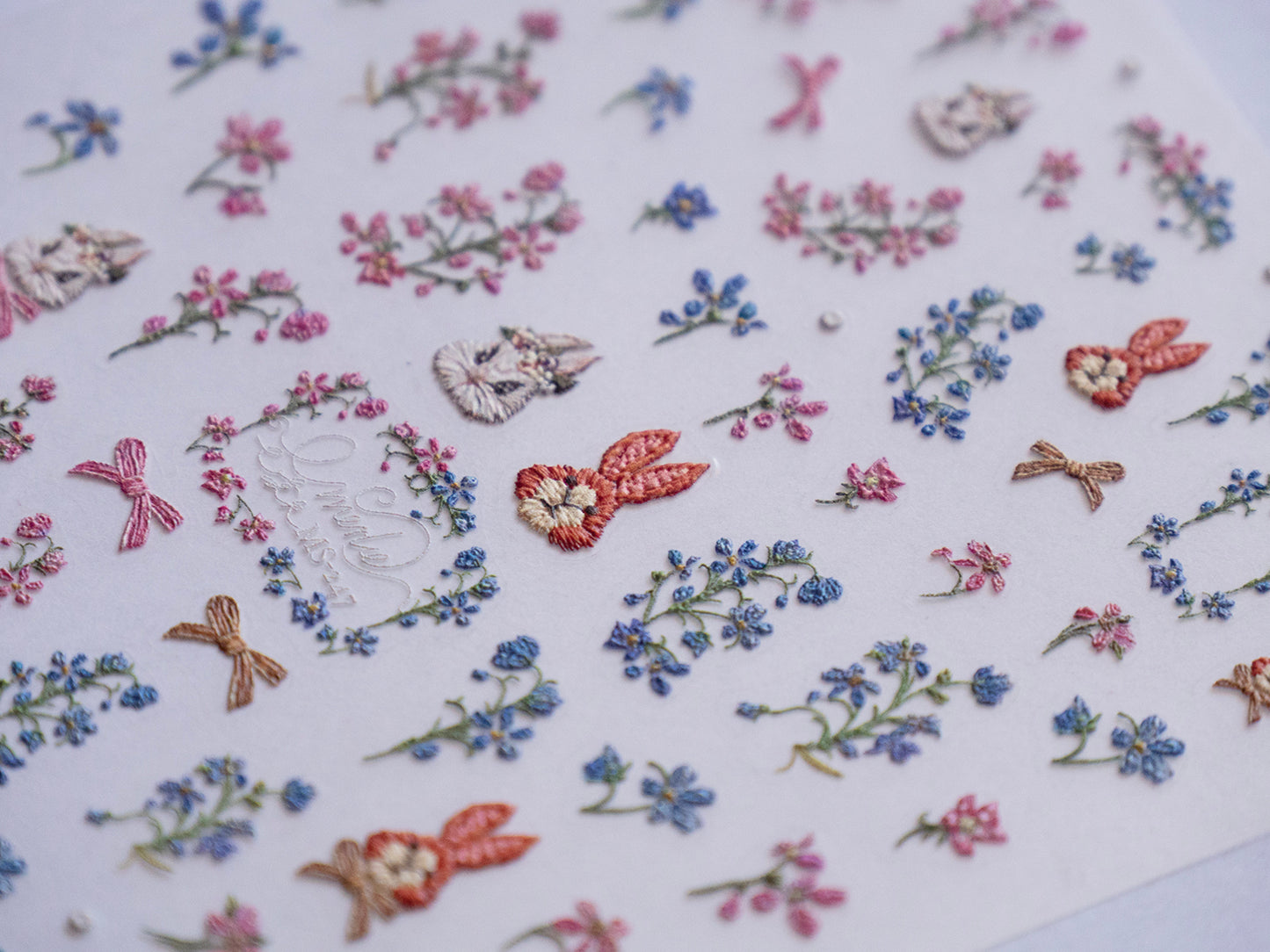 French Embroidery Style Easter Nail Stickers/ Floral Bunny Nail Art Decals/ Spring Flowers Cute Rabbit DIY Manicure Stickers