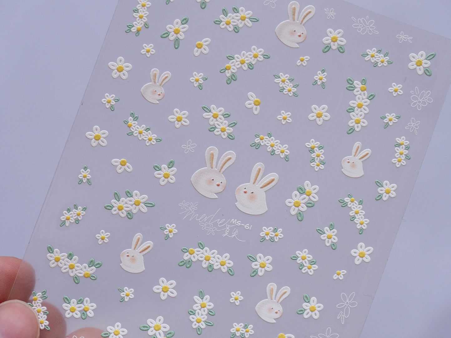 French Embroidery Style Easter Nail Stickers/ Floral Bunny Nail Art Decals/ Spring Flowers Cute Rabbit DIY Manicure Stickers