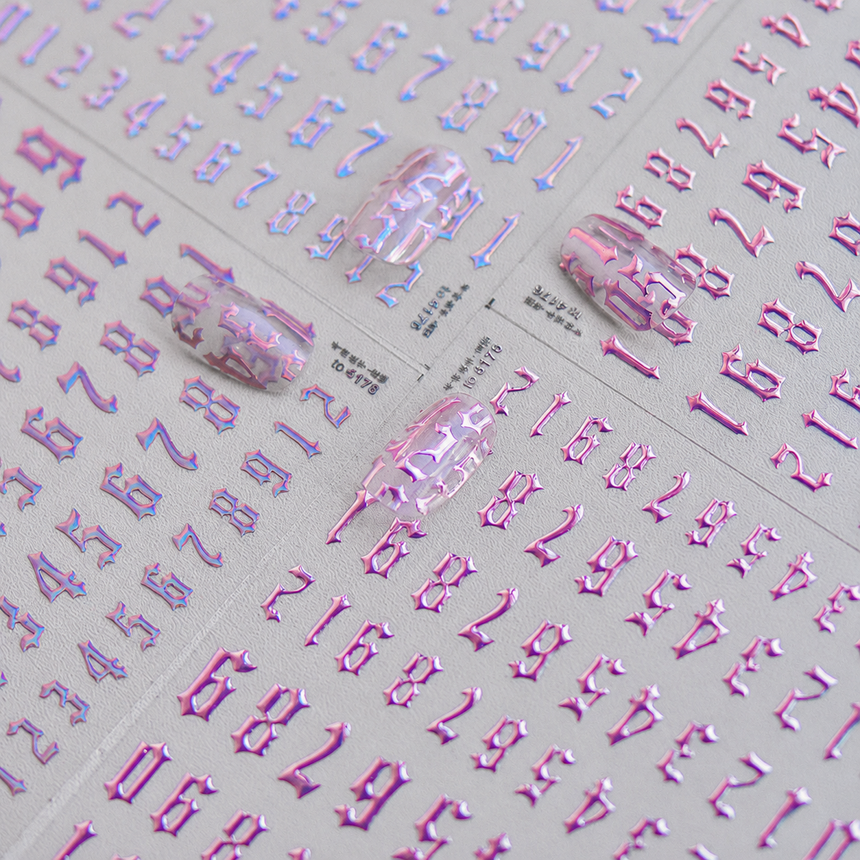 Halo Pink Gothic Number Nail Stickers | Iridescent Chrome Alphabet Decals | Old English Nail Art Stickers | Y2K Nail Design