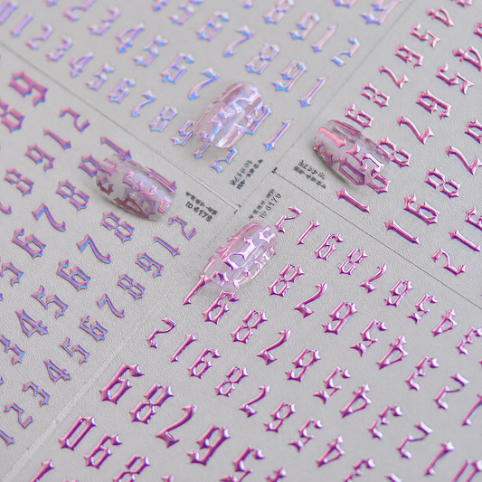 Halo Pink Gothic Number Nail Stickers | Iridescent Chrome Alphabet Decals | Old English Nail Art Stickers | Y2K Nail Design