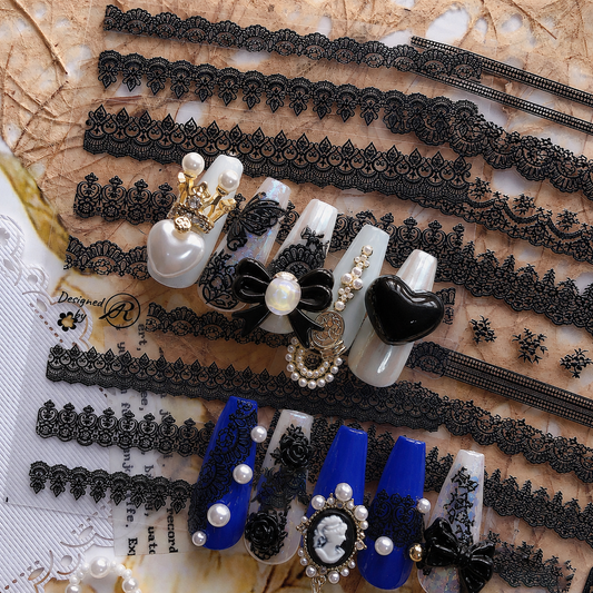 5D Embossed Black Lace Nail Stickers, Gothic Vintage Victorian Floral Lace Nail Decals