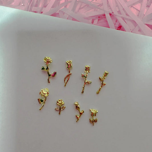 Gold Rose Nail Studs: 3D Floral Metallic Charms (8pcs)