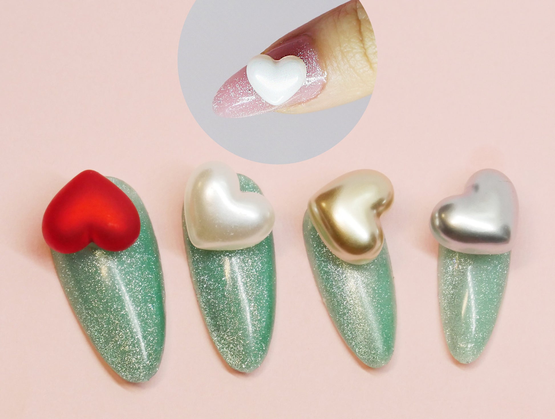 3D Spinning Heart Nail decoration/ Pearly fast speed rotating plated nail jewelry/ Pearlescent Spinning rotating nail deco Valentine