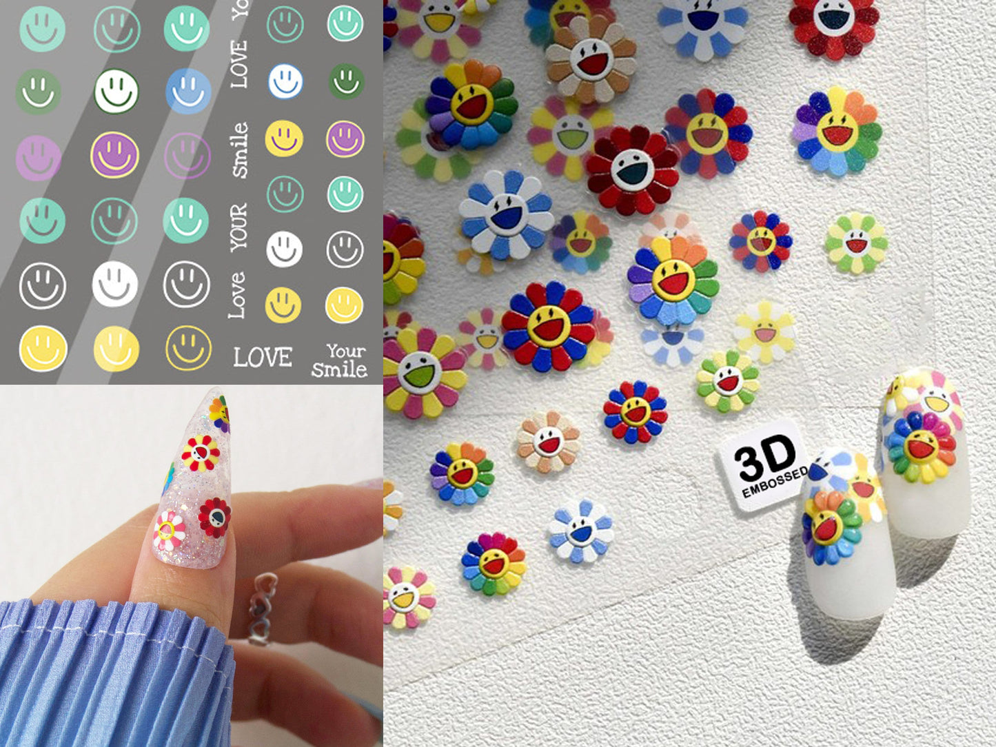 Delightful Smile Face Nail Art Sticker/ Smiley Happy emoji DIY Tips Stickers/ Summer Colorful 3D Embossed Peel off Stencil for manicure