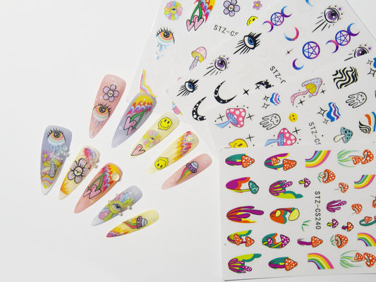 Mushroom Evil Eye Spiritual Nail Sticker/ Rainbow Floral Melted Face Vivid Peel off Nail Art Stickers/ Hallucinogenic Mushrooms Manicure