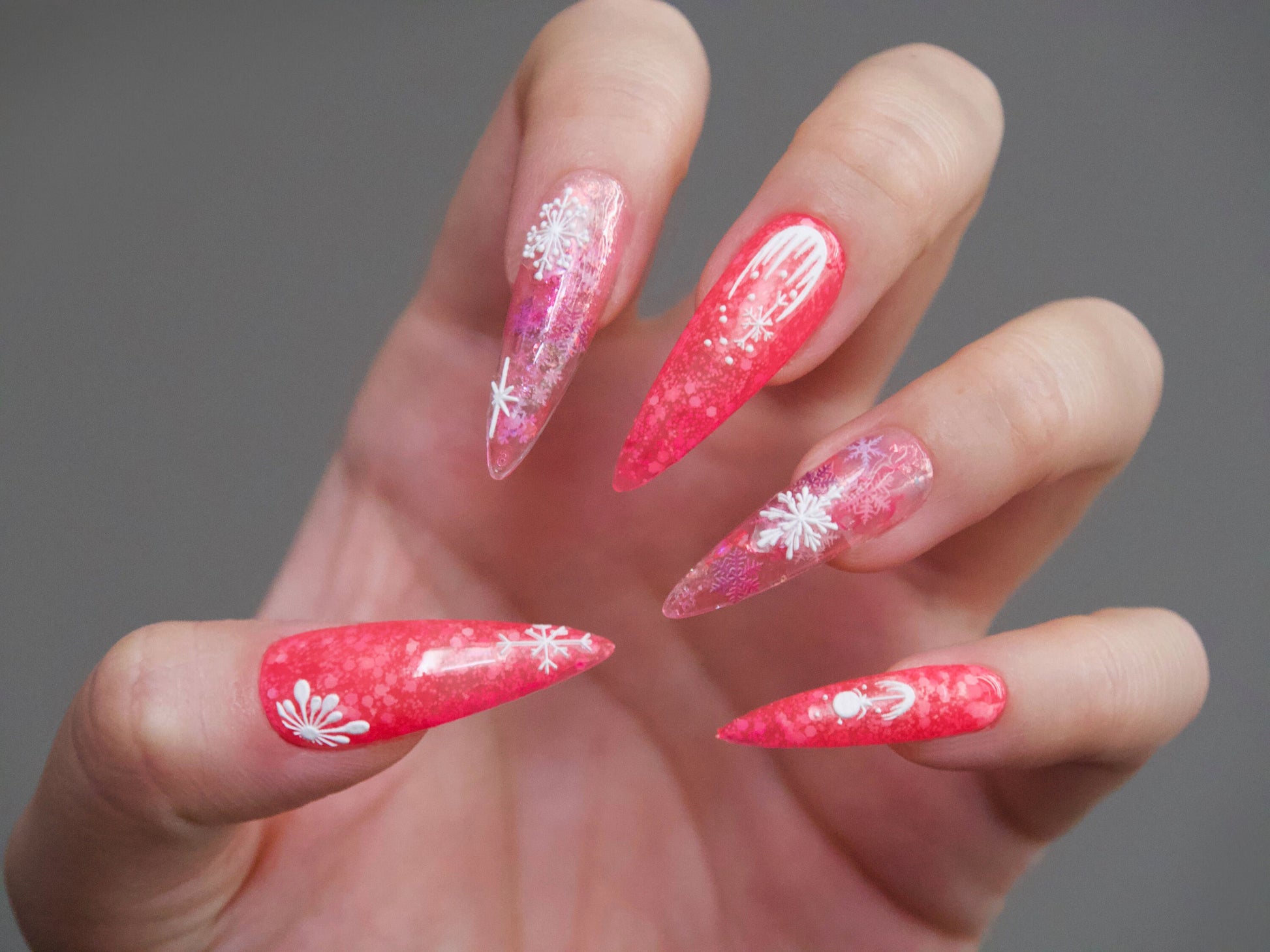 Neon Pink Winter Snow Flakes Customized Press on Nail for Christmas