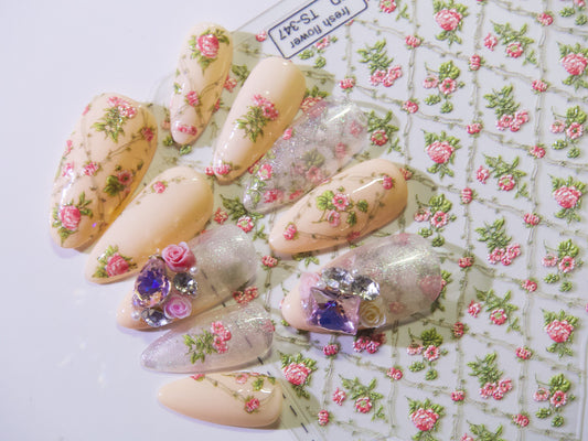Bridal Vintage Rose Lace Sticker Nail Art/ Flowers Bouquet 3D Decorative Peel Off Stickers for Nails/ Floral White Rosa Black Rose Manicure