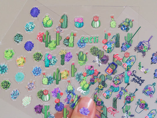 Succulent Plant Desert Cactus Nail Art Sticker/ Botany Echeveria elegans Succulents Green Plants Stickers/ Cacti Cereus Sticker for Manicure