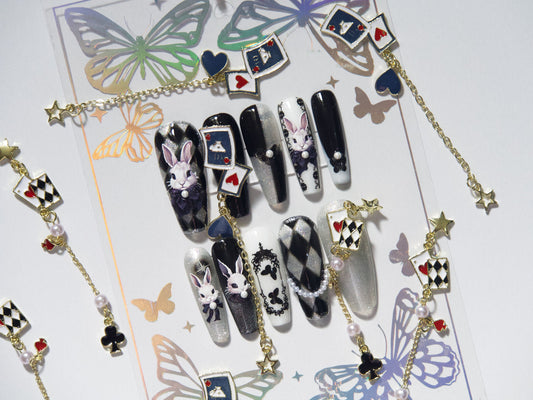 Alice's Adventures in Wonderland Chain Enamel Nail Jewelry Dangle/ Club, Diamond, Heart, Spade Poker Theme Nails/ Fairy Tale Nail Decals